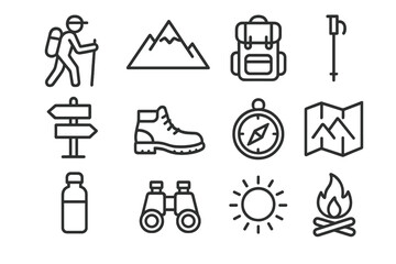 Mountain Adventure Icons. Mountain trail adventure. Line icon set of Mountain trail adventure: hiker, mountain peak, backpack, trekking pole, trail sign,
