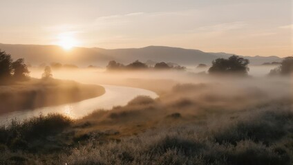 Fototapeta premium Sunrise over a river winding through a misty landscape, with distant hills and golden light