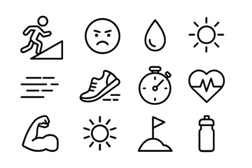 Uphill Training Icons. Uphill training. Line icon set of Uphill training: running figure, hill slope, determined face, sweat drop, motion lines, running shoes,