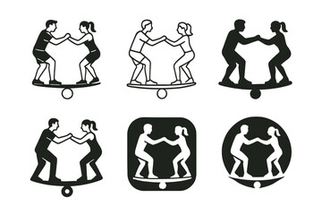 Partner Exercise Logos. A couple doing partner exercises, motivating and supporting each other. Set Logo of A couple doing partner exercises, motivating and