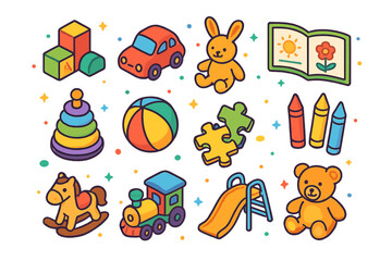 Fototapeta premium Colorful Toddler Play Icons. Toddler Playtime. Colorful isometric vector icons set of toddler playtime and exploration: building blocks, toy car, stuffed