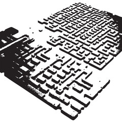 Geometric Maze Circuit Vector — Black and White 3D Illustration of Interconnected Grid Pattern with Abstract Depth and Structure
