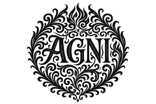Agni's Ornamental Lettering. Agni God ? Flourish Lettering with sacred ornamental swashes and fiery curls, circular framed composition with symmetrical