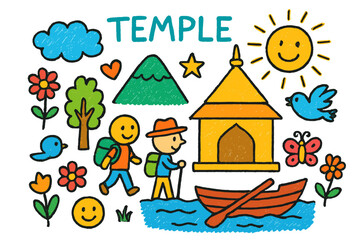 Temple and Nature Doodles. Temple View. Colorful Hand-drawn doodle Children illustration temple, boat, traveler, river, sun, mountain, cloud, tree, flower,