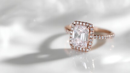 Naklejka premium A sophisticated emerald-cut diamond engagement ring featuring a very large center stone, framed by an opulent double halo of expertly matched brilliant-cut diamonds, set in a vintage-inspired rose