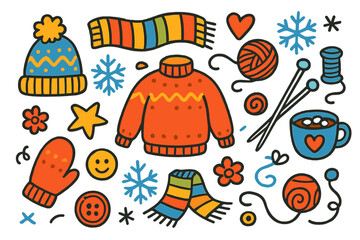 Fototapeta premium Winter Knitting Doodles. Winter Knitting. Colorful Hand-drawn doodle Children illustration scarf, yarn ball, knitting needles, mitten, hat, sweater, snowflake,