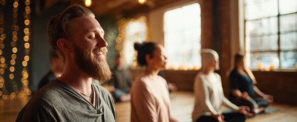 Fototapeta premium The Bearded Man Meditating in a Sunlit Yoga Studio with a Group