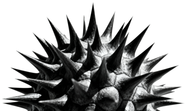 Abstract monochrome macro shot of a spiky organic form with sharp protrusions, transparent background png