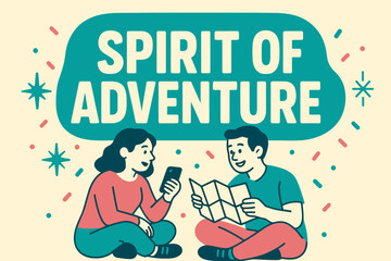 Obraz premium Adventure Spirit Banner. Spirit of Adventure banner, flat vector illustration, bold oversized text inside rounded blob, cartoon characters sitting