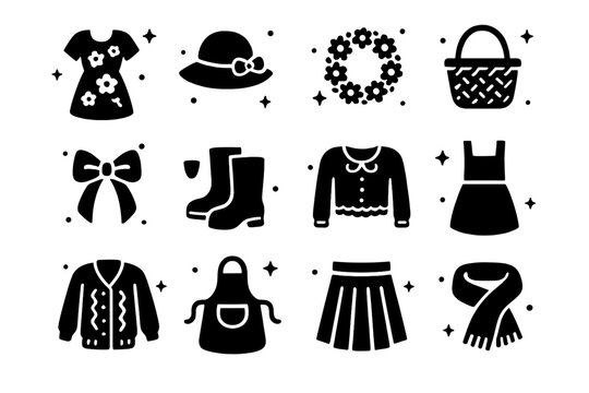 Nature-Inspired Wardrobe Icons. Nature-Inspired Wardrobe. Solid icons set of Nature-Inspired Wardrobe: floral dress, straw hat, daisy chain, wicker basket,