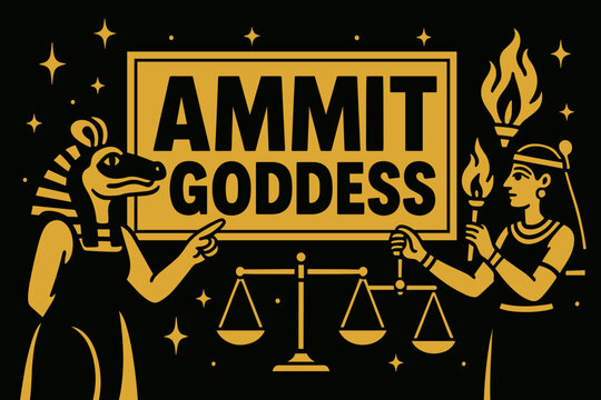 Ammit Goddess Banner. Ammit Goddess banner, flat vector illustration, bold oversized text inside rectangular frame, cartoon characters standing and pointing at