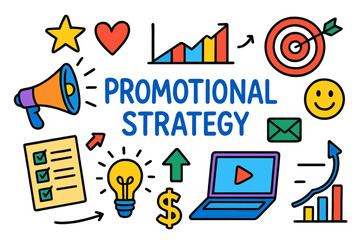 Promotional Doodle Elements. Promotional Strategy. Colorful Hand-drawn doodle Children illustration megaphone, poster, chart, graph, target, star, heart,