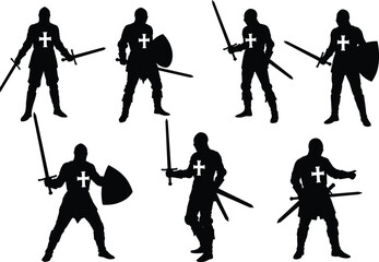 Medieval knight silhouette with sword and shield, crusader warrior, armored soldier, historical battle, combat stance, fantasy illustration