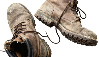 Detailed view of dirty and worn brown work boots., transparent background png