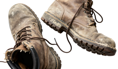 Detailed view of dirty and worn brown work boots., transparent background png