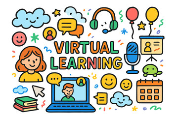 Naklejka premium Vibrant Virtual Classroom. Virtual Learning. Colorful Hand-drawn doodle Children illustration laptop, video call, microphone, headset, chat bubbles,