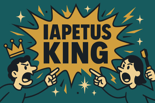 Iapetus King Celebration. Iapetus King banner, flat vector illustration, bold oversized text inside splash explosion, cartoon characters shouting and pointing,