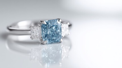 A breathtaking engagement ring featuring a prominent radiant-cut natural fancy vivid blue diamond as the center stone, flanked by two sparkling white diamond baguettes. The setting is meticulously
