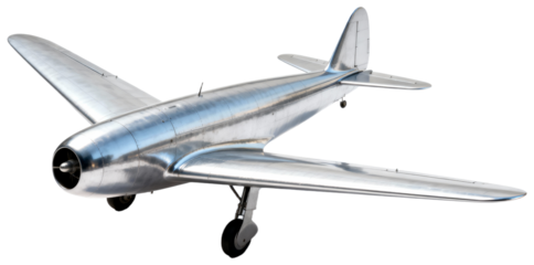Shiny silver single-propeller airplane model showcasing sleek aerodynamic design, transparent background png