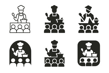 Cooking Class Logos. A group of people participating in a cooking class, learning new skills. Set Logo of A group of people participating in a cooking class,