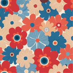 Fototapeta premium Modern Retro 70s Floral Seamless Pattern. Psychedelic groovy flowers in a bold cherry red and blue palette. Playful, funky vector design for textiles.