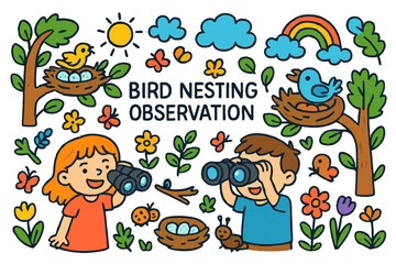 Fototapeta premium Kids Watching Birds. Bird Nesting Observation. Colorful Hand-drawn doodle Children illustration children watching birds, nests, eggs, branches, trees, leaves,