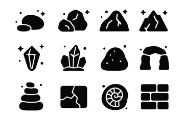 Natural Stones Icons. Natural stones. Solid icons set of Natural stones: pebble, rock, boulder, mountain stone, gem, crystal, cobblestone, stone arch, cairn,