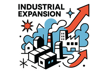 Obraz premium Industrial Progress Illustration. Industrial Expansion. A glowing bird?s-eye view of growing industrial zones, abstract spark and arrow icons symbolizing