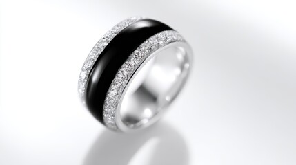 A sophisticated wedding anniversary ring featuring a central band of polished black onyx, flanked on both sides by dazzling rows of pave-set brilliant-cut diamonds. The setting is crafted from sleek