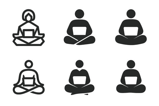 Meditative Workshop Logos. Remote Workshops for Personal Development. Set Logo of Remote Workshops for Personal Development: person meditating with laptop.