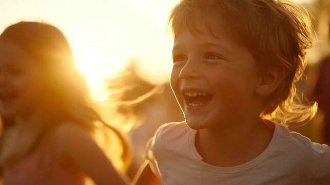 Joyful children bask in golden sunlight, their laughter echoing through the air as they play together during a warm, sunny evening.