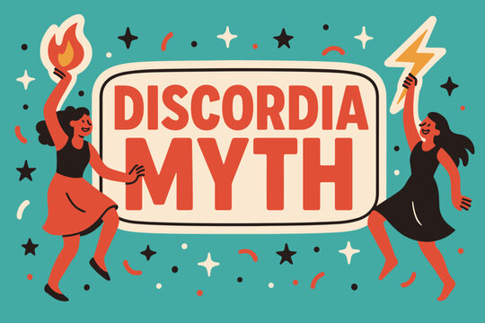 Discordia Banner Dance. Discordia Myth banner, flat vector illustration, bold oversized text inside sticker outline, cartoon characters dancing, holding fire