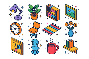 Colorful Office Icons. Office Style. Colorful isometric vector icons set of office style: desk lamp, potted plant, bookshelf, framed picture, wall clock,