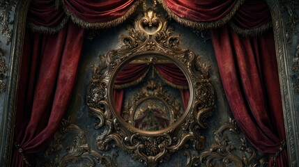 Fototapeta premium Ornate gold mirror with red curtains dramatic interior composition
