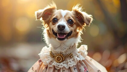 Smiling canine in elaborate floral dress, posed against blurry, golden forest