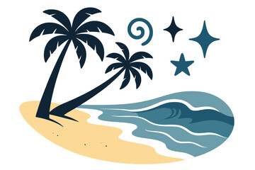 Obraz premium Tropical Paradise Vibes. Tropical beach. Glowing palm trees leaning over golden sand with turquoise waves rolling gently. Floating icons of sparkle, swirl, and
