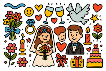 Fototapeta premium Colorful Wedding Symbols. Wedding Celebration. Colorful Hand-drawn doodle Children illustration bride, groom, bouquet, ring, champagne glass, cake, dove,