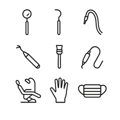 Fototapeta premium Dental Tool Icons. Outline icon set of Dental checkup tools: dental mirror, explorer probe, suction tube, ultrasonic scaler,