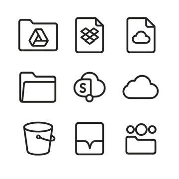 Cloud Storage Icons. Outline icon set of file sharing and cloud storage: Google Drive folder, Dropbox file, OneDrive document, Box
