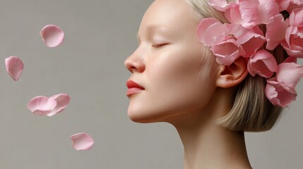Young woman with short blonde hair adorned with pink flower petals, eyes closed in serene expression, surrounded by floating petals, embodying tranquility and natural beauty in a soft, minimalist sett