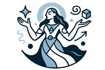 Fototapeta premium Abstract Goddess Glow. Abstract goddess. Glowing stylized figure outlined with geometric patterns and radiant aura. Floating icons of sparkle, swirl, and cube