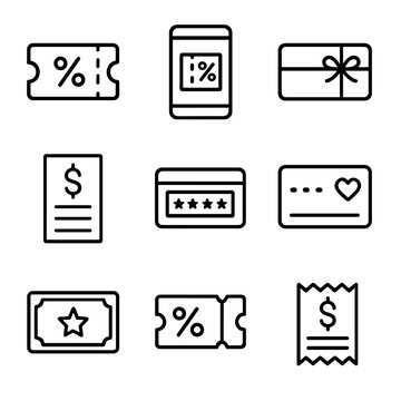 Coupon Icon Set. Outline icon set of coupon and voucher types: paper coupon, digital voucher, gift card, rebate form, promo code