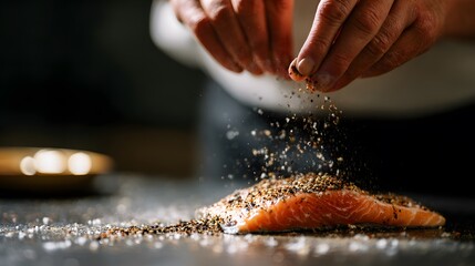 Fototapeta premium Flavorful salmon fillet seasoned expertly on a dark kitchen counter evokes culinary artistry and fresh ingredients