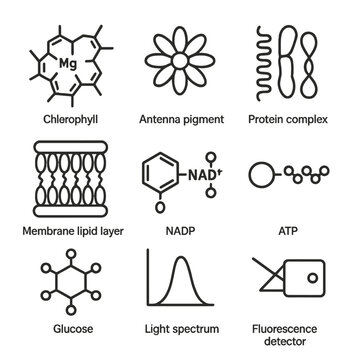 Bio-Inspired Light Harvesting Icons. Outline icon set of Bio-inspired light-harvesting systems: chlorophyll molecule, antenna