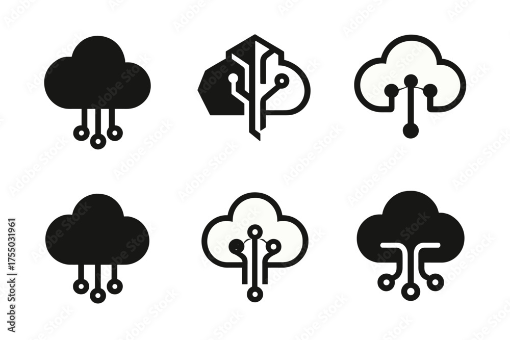 Wall mural Tech Logo Variations. Tech Workspace. Set Logo of Tech Workspace: cloud computing symbol on desk. harmonious logo variations of the same emblematic concept,