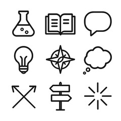 Obraz premium Chance Encounters Icons. Outline icon set of chance encounters and moments: lab flask, open book, speech bubble, lightbulb,