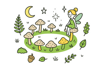 Fototapeta premium Whimsical Fairy Ring. Fairy Ring. Hand-drawn doodle illustration ring of mushrooms (colored), grass patch, fairy (colored), sparkle, moon (colored), star, fern
