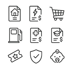 Expense Icons Grid. Outline icon set of expense tracking and categorization: housing payment, utilities bill, groceries cart, fuel