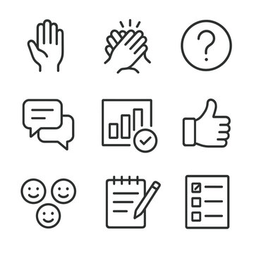 Audience Engagement Icons. Outline icon set of audience engagement elements: raised hand gesture, clapping hands, question mark