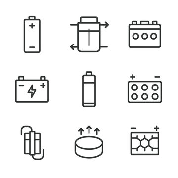 Electrochemical Icon Set. Outline icon set of electrochemical storage solutions: lithium-ion cell, flow battery tank, solid-state